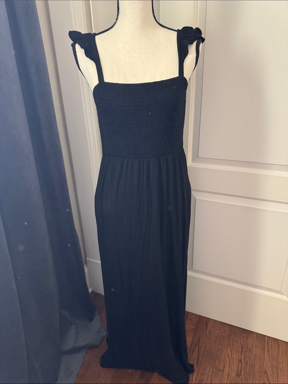 Black Smocked Maxi Dress with Tie-Shoulder Detail
